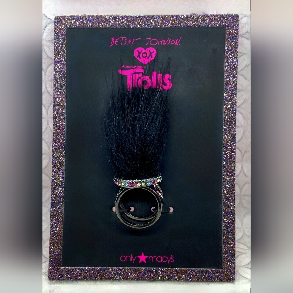Betsey Johnson Macys 2016 Trolls gunmetal rhinestone blk hair Trolls ring 8 NWT - Picture 4 of 17